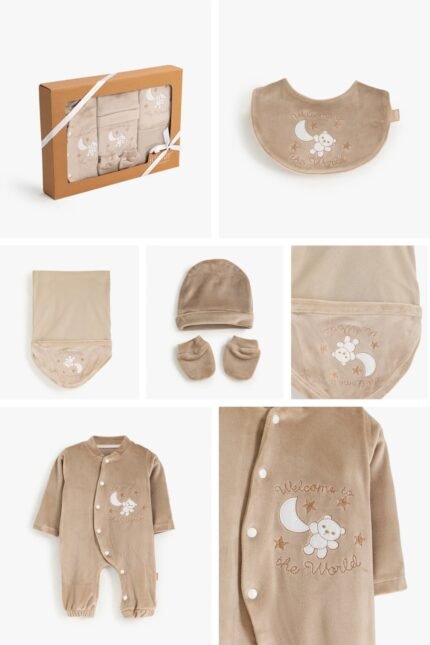 جيفت بوكس طقم السبوع والمستشفى 5 قطع قطيفة لحديث الولادة - جونيور