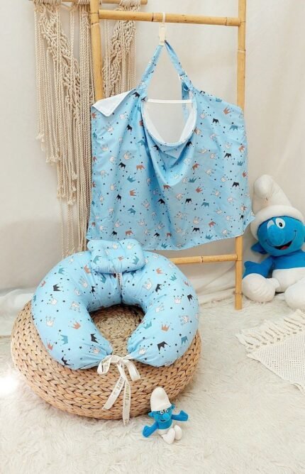 سيت مخدة الرضاعة و ساتر الرضاعة قطن ناعم - السنافر