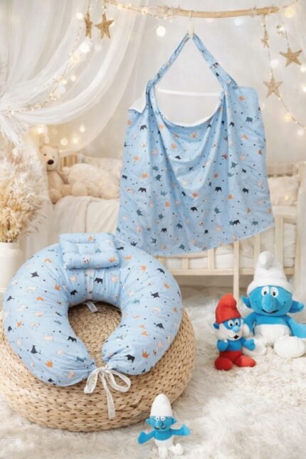 سيت مخدة الرضاعة و ساتر الرضاعة قطن ناعم - السنافر