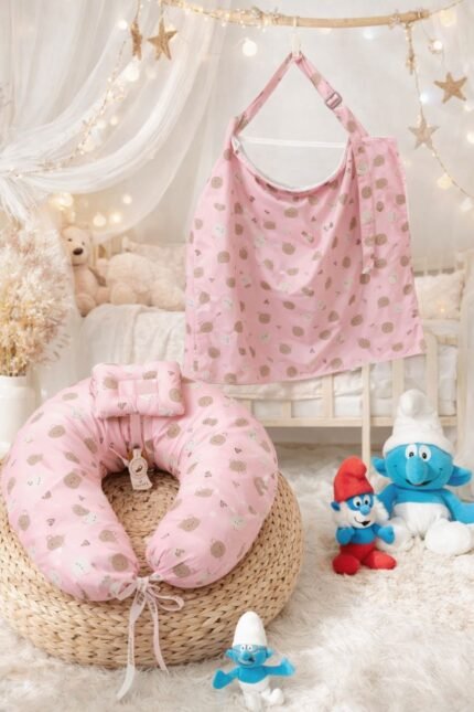 سيت مخدة الرضاعة و ساتر الرضاعة قطن ناعم - السنافر